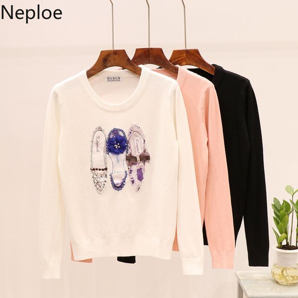 

neploe diamond beaded sequin pullover knitwear 2019 autumn winter long sleeve sweater o-neck pull femme o-neck knit jumper 55051, White;black