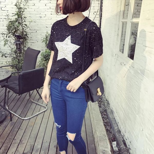 

big five-pointed star short sleeve t-shirt 2926 sequins big five-pointed star sequins pullover short sleeve pullover t-shirt 2926, White