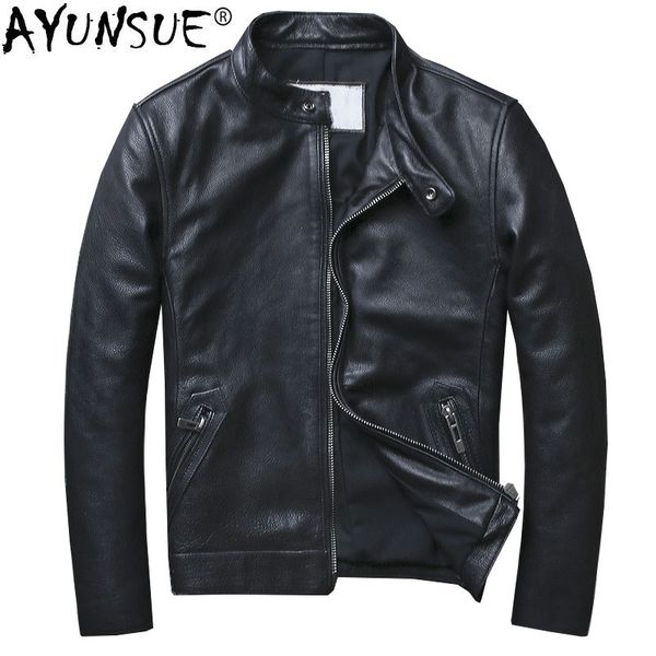 

ayunsue genuine leather jacket men cowhide locomotive motorcycle jacket man spring short real cow leather coats men kj1440, Black