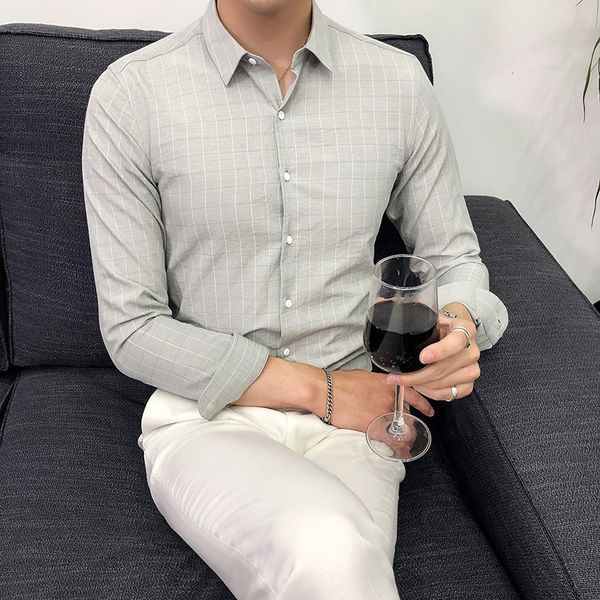 

men's stylish casual plaid slim fit dress shirts men korean long sleeve formal social business shirt male camisas ts-453, White;black