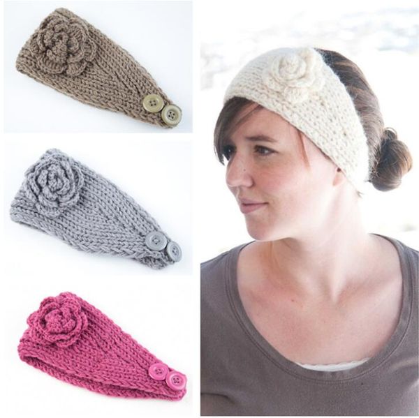 Heißer Verkauf 32 Farben Frauen gestricktes Stirnband mit Blume Häkelhaarstirnband Handgefertigter Haarschmuck Winter Ohrwärmer Haarband