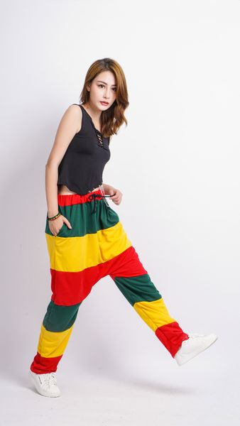 

kids spring patchwork jamaican reggae sweatpants striped costumes green yellow red panelled punk harem hip hop dance pants, Black;white
