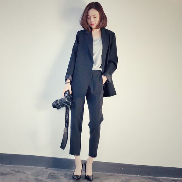 

2019 new women suit fashion slim business office jacket set formal blazer + pants suit lady solid female, White;black
