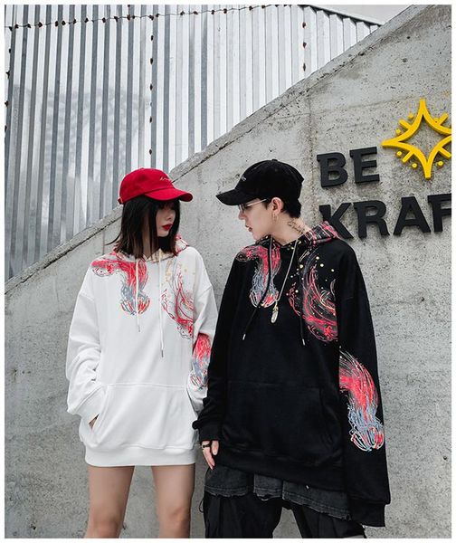 

couple designer super fire hoodie jacket loose hip hop style hooded creative printing street dance fashion sweatshirts, Black