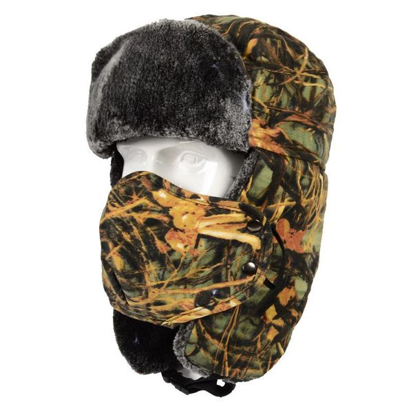 

men women bionic camouflage winter cap warm thermal hat outdoor hiking walking hunting cap bomber pilot cap ushanka ear, Black;white
