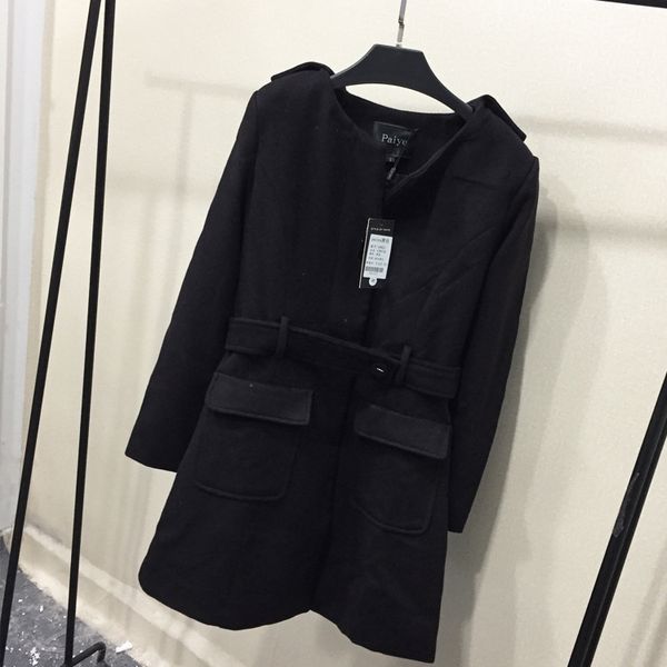 

women casual sashes slim o-neck woolen coat outerwear, Black