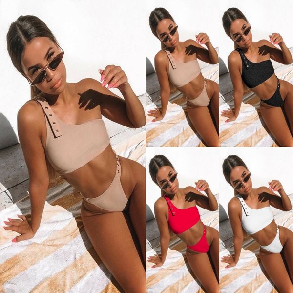 

women's split swimsuit single shoulder solid color swimsuit bikini punching bikini, White;black