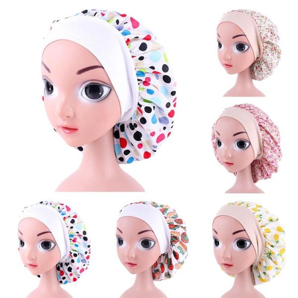 

caps & hats kids girl night sleep cap hair care bonnet hat head cover wrap elastic printed wide band beanies loss headwear, Yellow