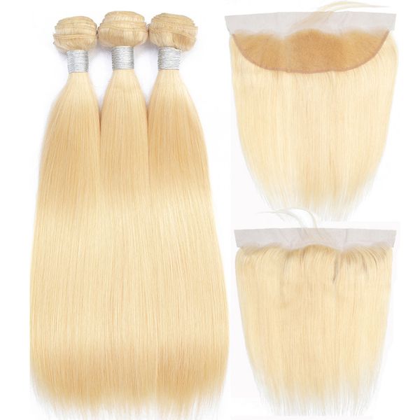 

613 blonde bundles with frontal remy human hair extensions peruvian straight hair bundles with frontal closure part, Black