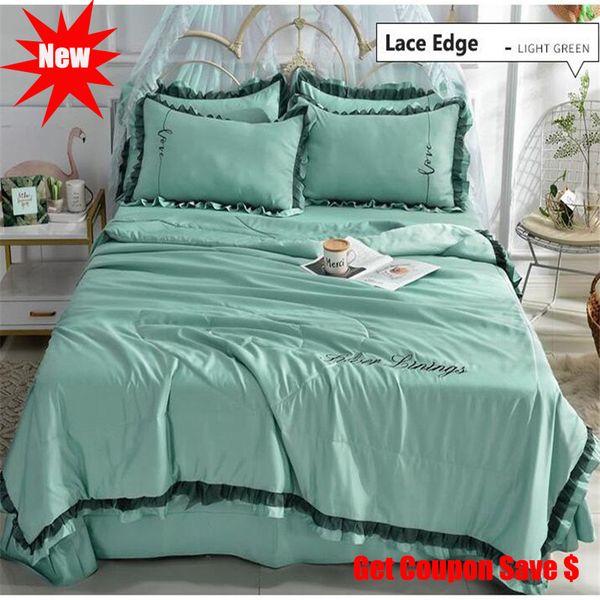 

washed silk summer quilt sets 4pcs lace edge 1.5m/1.8m quilt pillowcase bedskirt sets duvet set bedding