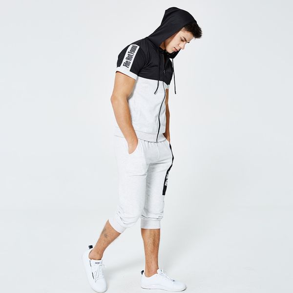 

europe size sporting mens 2pcs summer set men sleeveless hooded shorts men short set sporting suit, Gray
