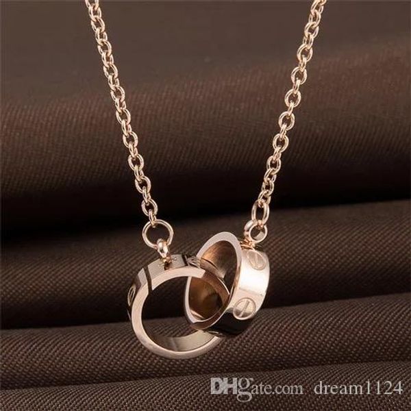 

оптовая позолоченные двойные кольца ожерелье choker нержавеющей стали 316l два круга кольца ожерелье ювелирные изделия для женщин, Silver