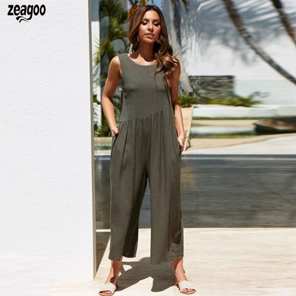 

new fashion women casual o-neck sleeveless solid pocket loose wide legs, jumpsuit ankle length, Black;white