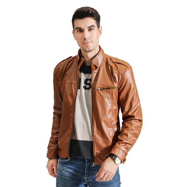 

2020 осенью новый мужская повседневная мода стенд воротник тонкий кожаный куртка тонкий сплошной цвет кожаная куртка мужчины, Black