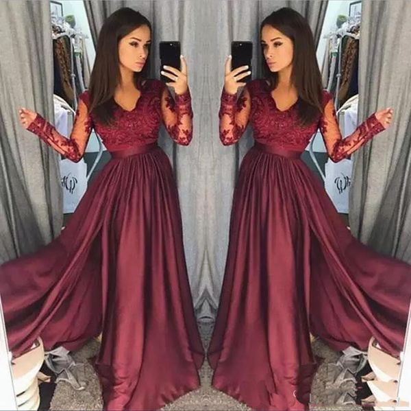 

burgundy long sleeve v neck prom dresses party evening wear applique stain a line prom dress zipper back formal party gowns homecoming dress, Black