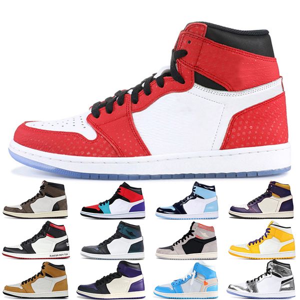 

new release spiderman travis scotts 1 1s high og mid basketball shoes nrg not for resale chicago black gold green toe sports sneakers, White;red