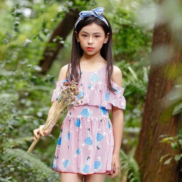 

2hbsb children's girl's one-piece medium and large children's princess dress swimsuit swimsuit flounces conservative high wai, White;black