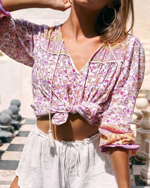 

womens lilac floral long sleeve v-neck bohemian plus size blouse women casual chic long sleeve blouse, White