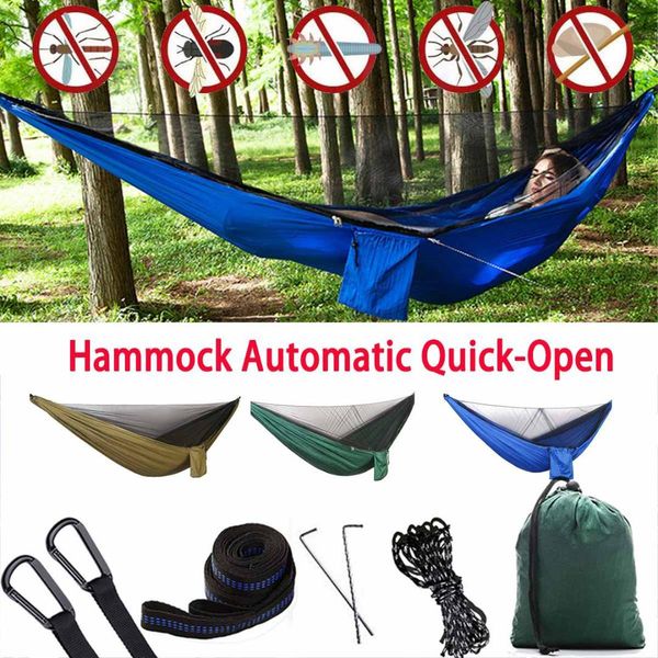 

1-3 person portable outdoor hammock with mosquito net automatic quick open travel camping parachute hunting sleep bed hanging