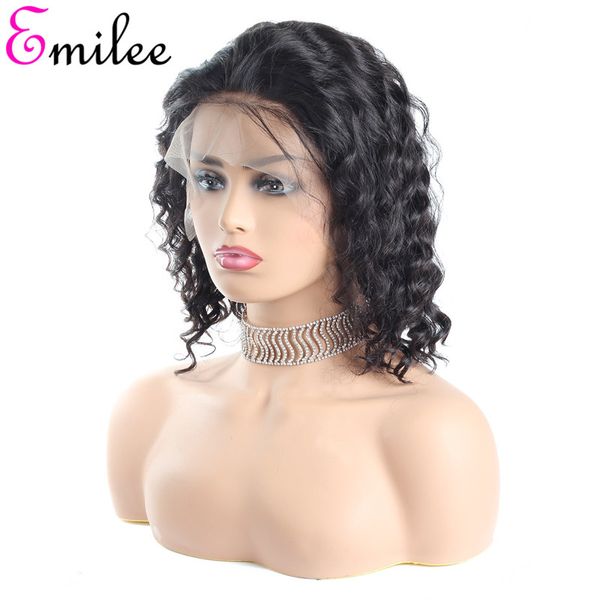 

emilee half lace front human remy hair wigs myanmar short deep wave bob wig for black women natural black 12 inch, Black;brown