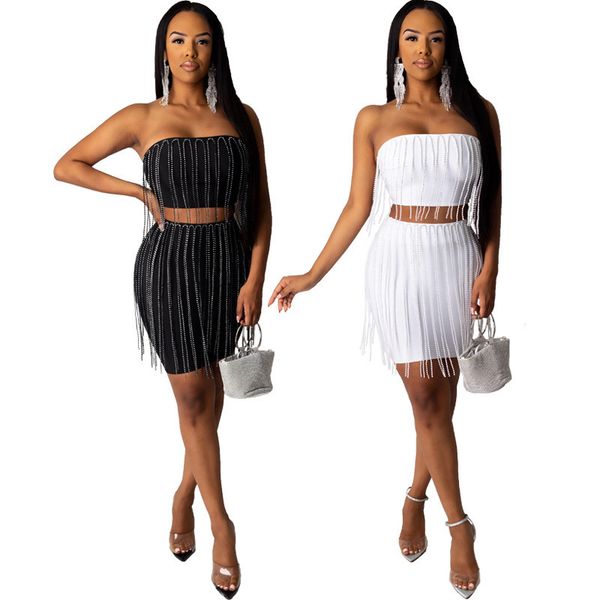 

tassel shiny designer tracksuits women club slim 2 piece dress tube sleeveless bodycon dresses fashion women tracksuits, White