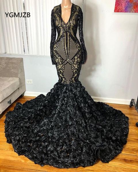 

black long sleeves prom dresses mermaid 2020 v neck sparkle sequin 3d flowers african formal graduation dress evening gown, White;black
