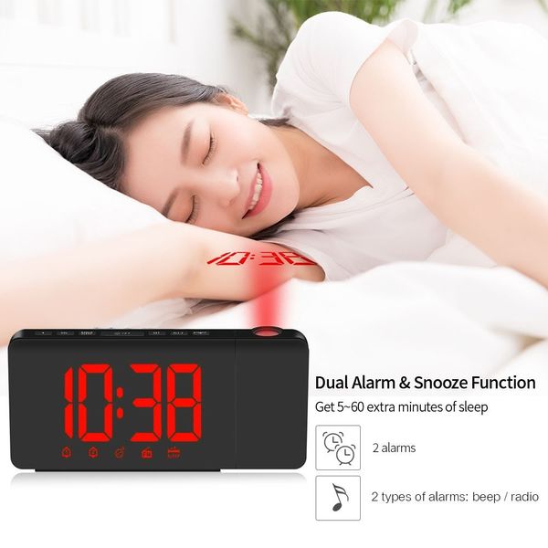 

usb operated led projection alarm clock dimmable fm radio deskclock with rotatable projector dual alarms snooze function