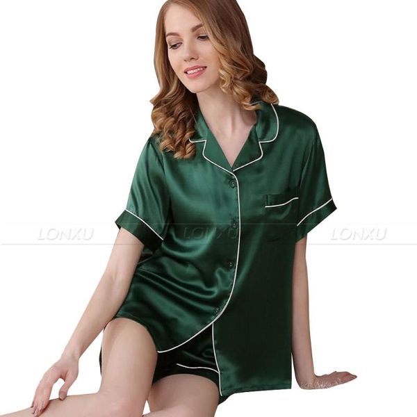 

women silk satin pajamas set pyjama set short sleeve sleepwear s~ 3xl plus, Black;red