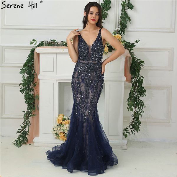 

navy blue dubai design luxury feather evening dresses 2019 deep-v backless beading evening gowns la6566, White;black