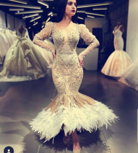 

evening dress drop shipping crystals youself aljasmi labourjoisie silver mermaid ankle length feather long sleeve, Red