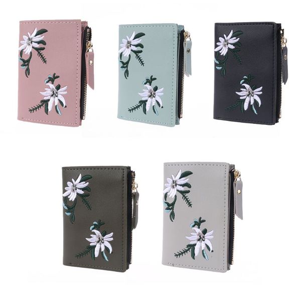 

fashion women leather wallet flower embroidery clutch bifold purse lady short handbag coin bag, Red;black