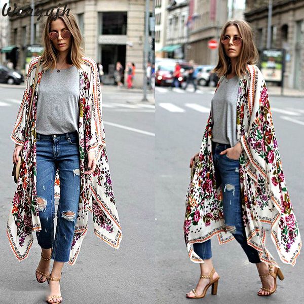 

wenyujh summer autumn long sleeve women casual retro floral loose shawl long kimono cardigan boho jacket blouse shirt plus size, Tan;black