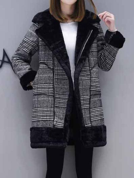 

plaid woolen coat women winter thicken fleece overcoat korean fashion fake fur warm school street girl casual black outerwear