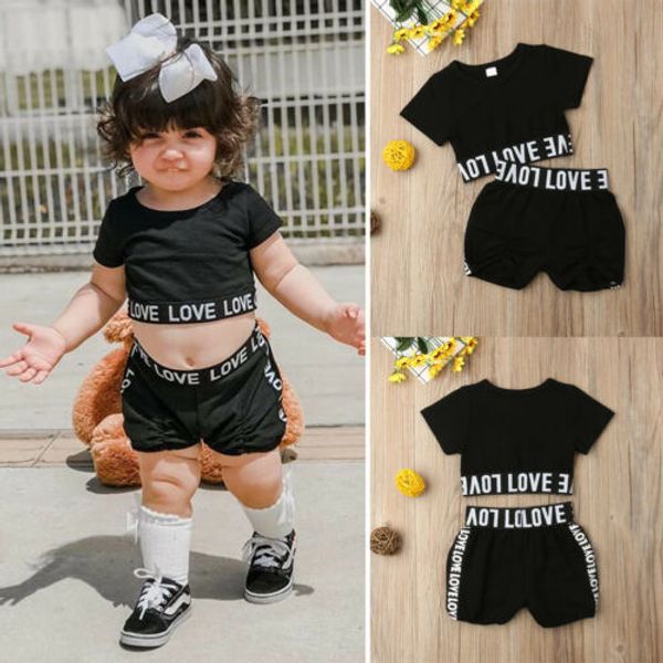 

pudcoco 2020 baby girls clothes crop t shirt shorts love cotton outfit kids summer clothes set age 1-7 years, White
