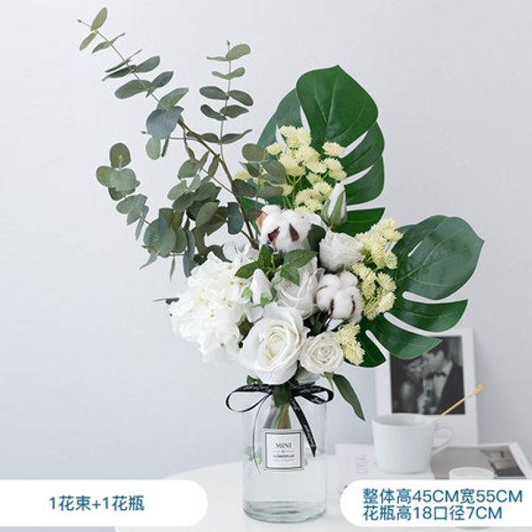 

1 set flower+vase rose eucalyptus cotton branch glass vase flower arrangement hydrangea table flower