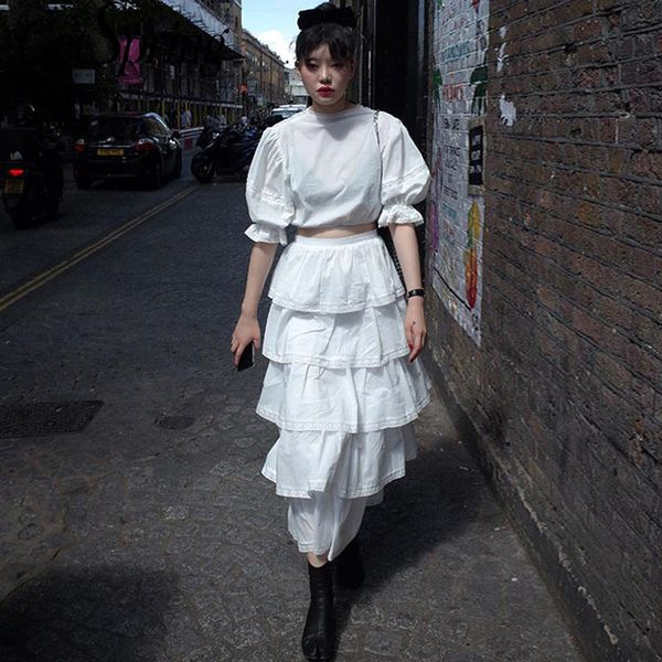 

getspring women sets chic two piece skirt set half sleeve back lace up crop with long cake skirt two piece set and, White