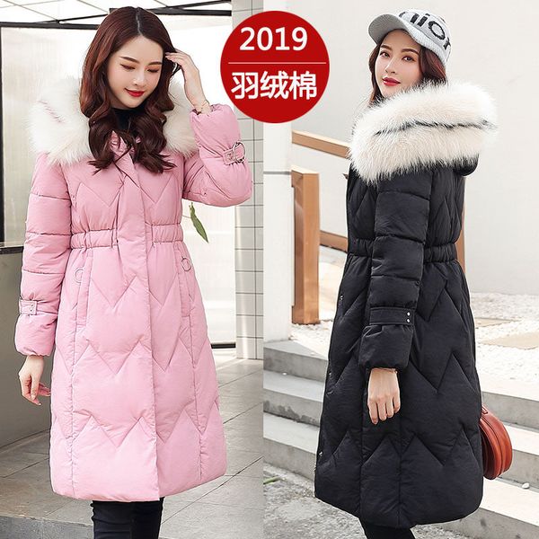 

fur hooded thicken zipper long down cotton coat women casual long sleeve slim warm elegant female parka overcoat chaqueta f1660, Black