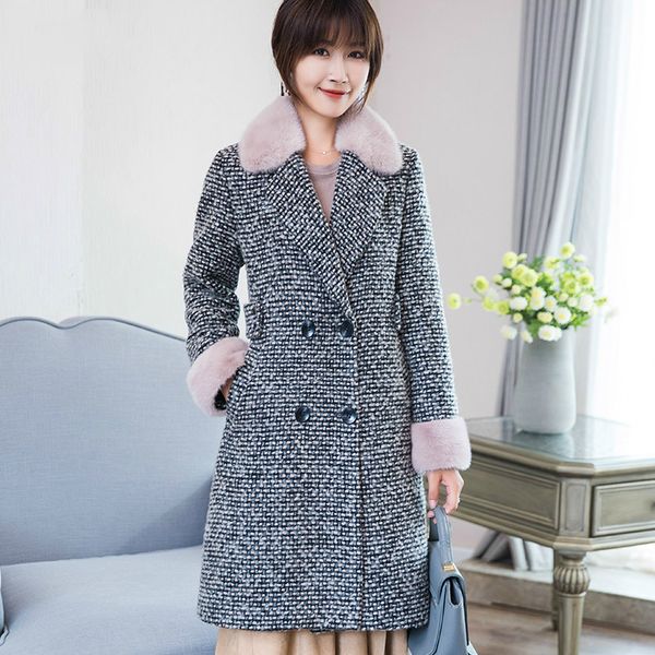 

natural lamb fur liner winter jacket women warm real fur coat female tweed coats trim 38069 wyq3888, Black