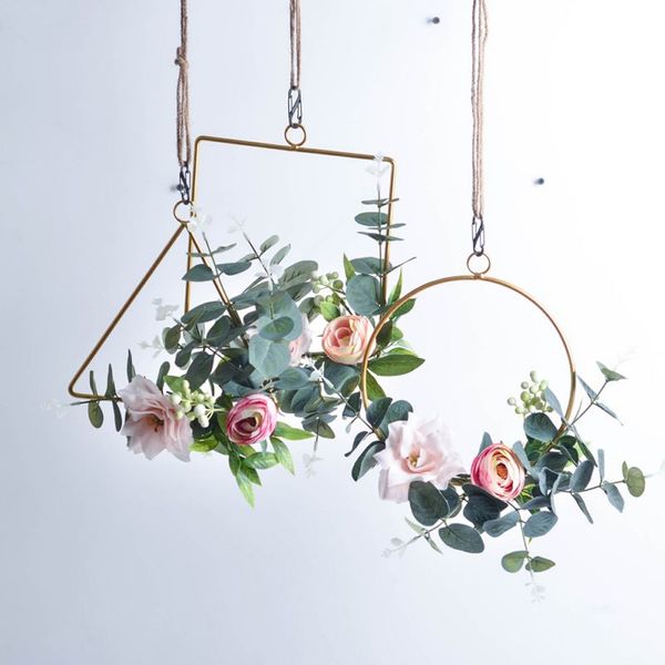 

ins geometric metal garland hanging decoration wreath for wedding backdrop wall deco green plant hanging ring