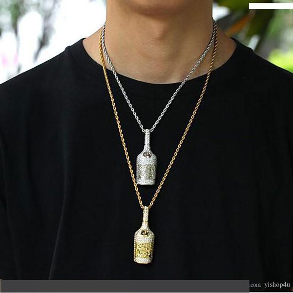 

14k gold wine whiskey bottle pendant necklace mens micro pave cubic zirconia with 24inch rope chain, Silver