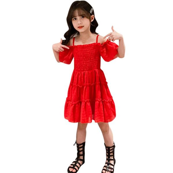 

2020 fashion kids dresses for girls vestidos off shoulder children clothes strap ruched solid princess party dresses sukienki#c6, Red;yellow