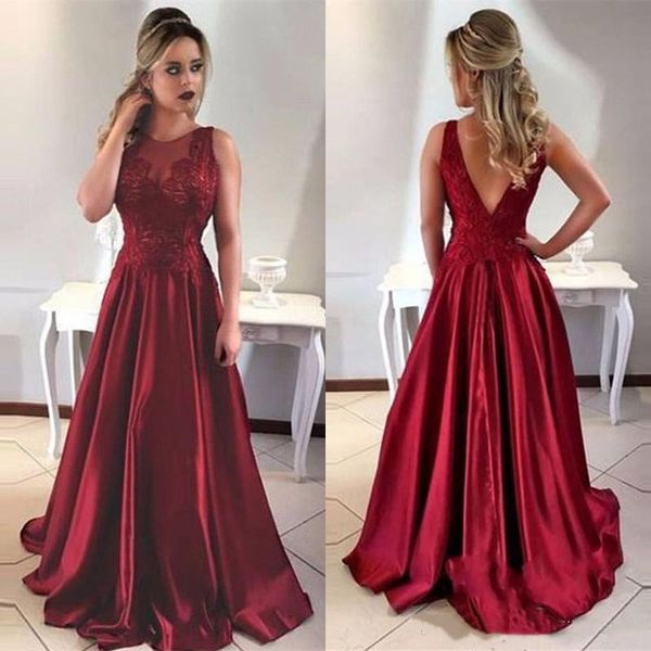 

dark red a-line long prom dresses jewel neck lace applique satin floor length formal evening dresses party prom gowns wear, Black