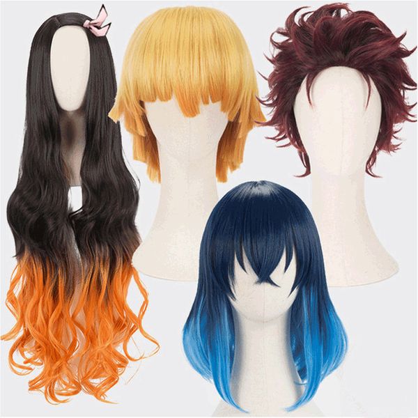 

kamado nezuko kamado tanjirou agatsuma zenitsu wig demon slayer kimetsu no yaiba cosplay wigs zenitsu agatsuma golden short hair, Black