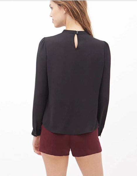 

european and american style jie tou kuan chest shirred solid color long sleeve mock-neck lantern sleeve chiffon blouse, White