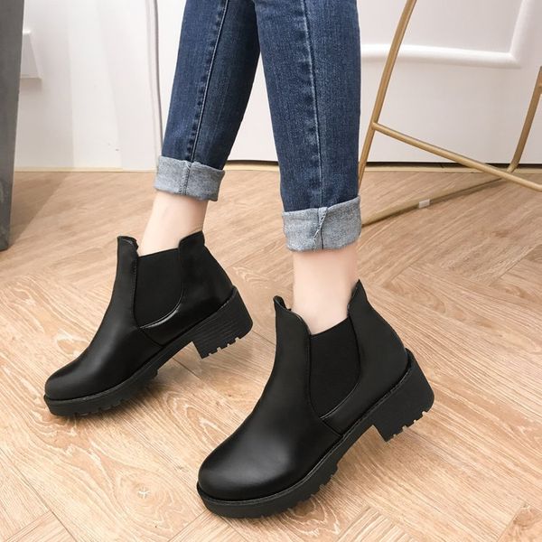 

2019 autumn and winter new european and american thick-soled mid-heel platform black nude boots round head wild women boots