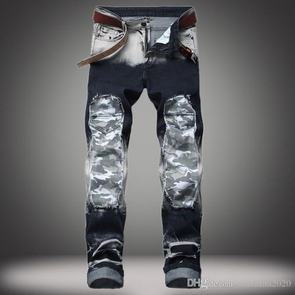 

fashion designer ripped vintage patchwork mens designer splash paint slim fit washed camo destroyed biker cowboy famous trousers, Blue
