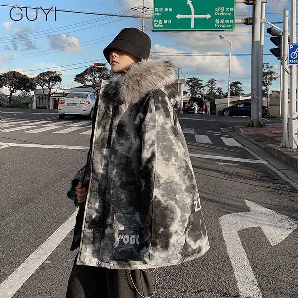 

теплый краситель камуфляж tie толстый с капюшоном ветровки casual пальто куртки мужчины зима сыпучие zipper верхняя одежда streetwear hip ho, Black
