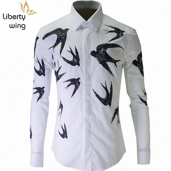 

new luxury print men autumn winter slim swallow shirts mens white business casual cotton man shirt, White;black
