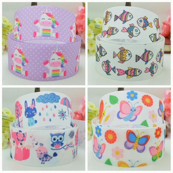 

1.5" 38mm 50 yards unicorn pink purple fish cartoon cute ribbon printed grosgrain ribbon hair bow diy hair accessories, Slivery;white