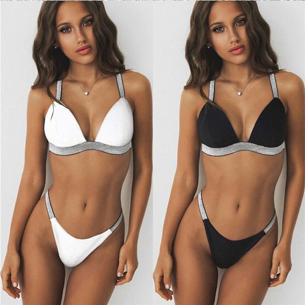

2020 women bikinis push-up padded bikini set black white sequin strap swimsuit triangle swimwear women summer beachwear